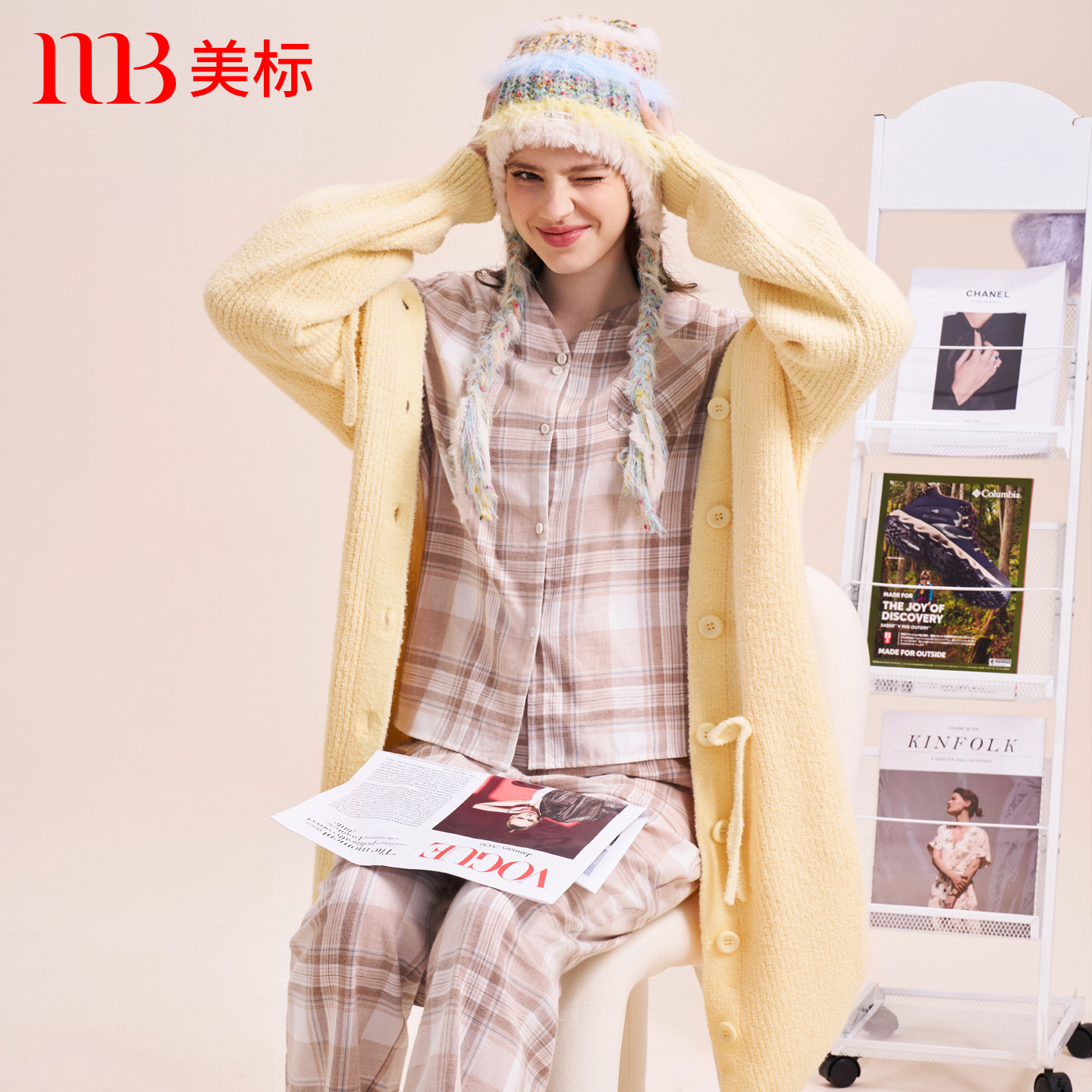 美标秋冬新款半边绒长袖睡袍外穿针织毛衣甜美蝴蝶睡裙时尚家居服