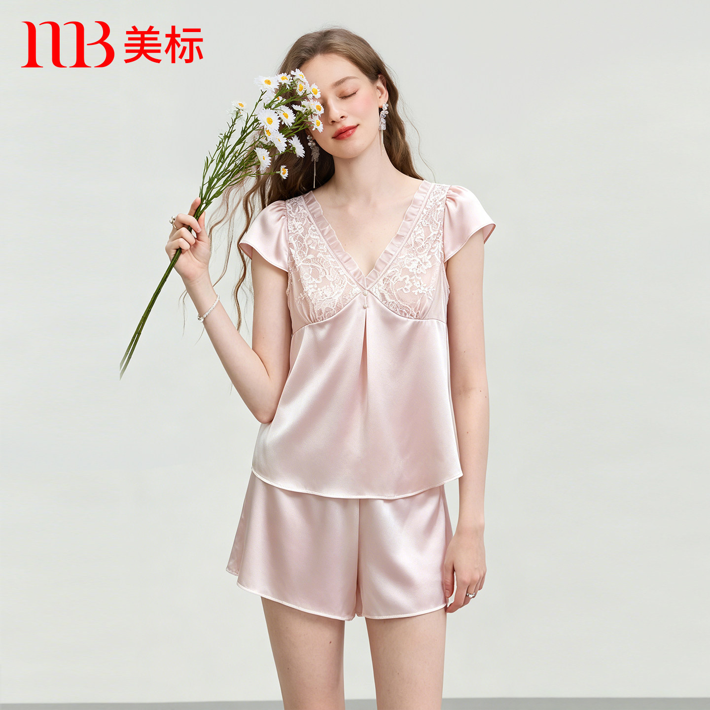 美标新款真丝睡衣女夏性感短袖短裤套装100%桑蚕丝凉感丝绸家居服