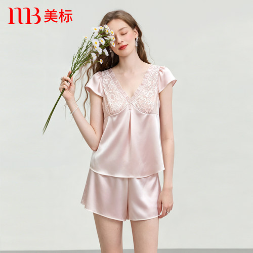 美标女士100%桑蚕丝短袖短裤睡衣