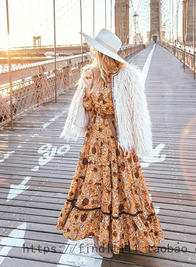 S码现货 欧美度假风新品女装 黄色雪纺长袖灯笼袖大摆长裙 连衣裙