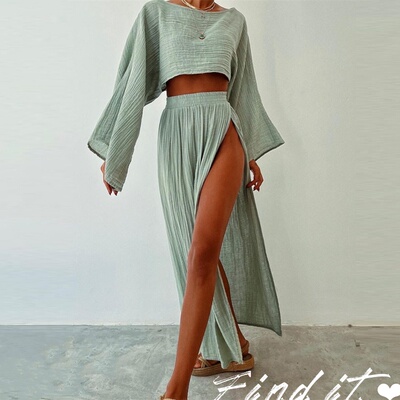 纯纱棉透气度假风高腰开衩套装