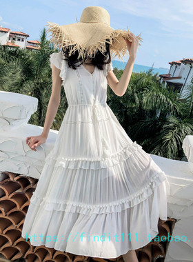 白色姜黄2色现货 FP高定现货 荷叶边浪漫大摆裙长裙 人棉度假裙