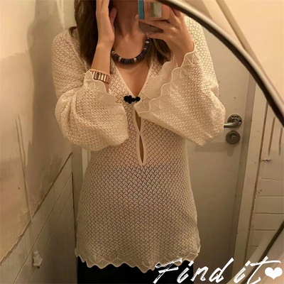 法式针织喇叭袖盘扣修身连衣裙