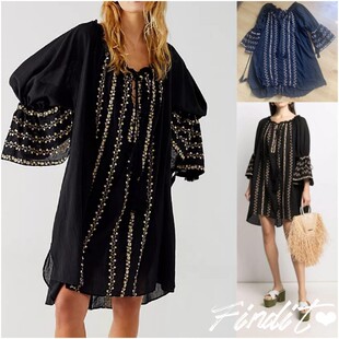 Findit出口单度假风新款花朵刺绣黑色棉质大摆罩衫裙喇叭袖连衣裙