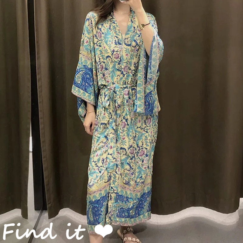 度假风休闲百搭时尚女装印花和服外套 春夏新款高腰系带开衫4色