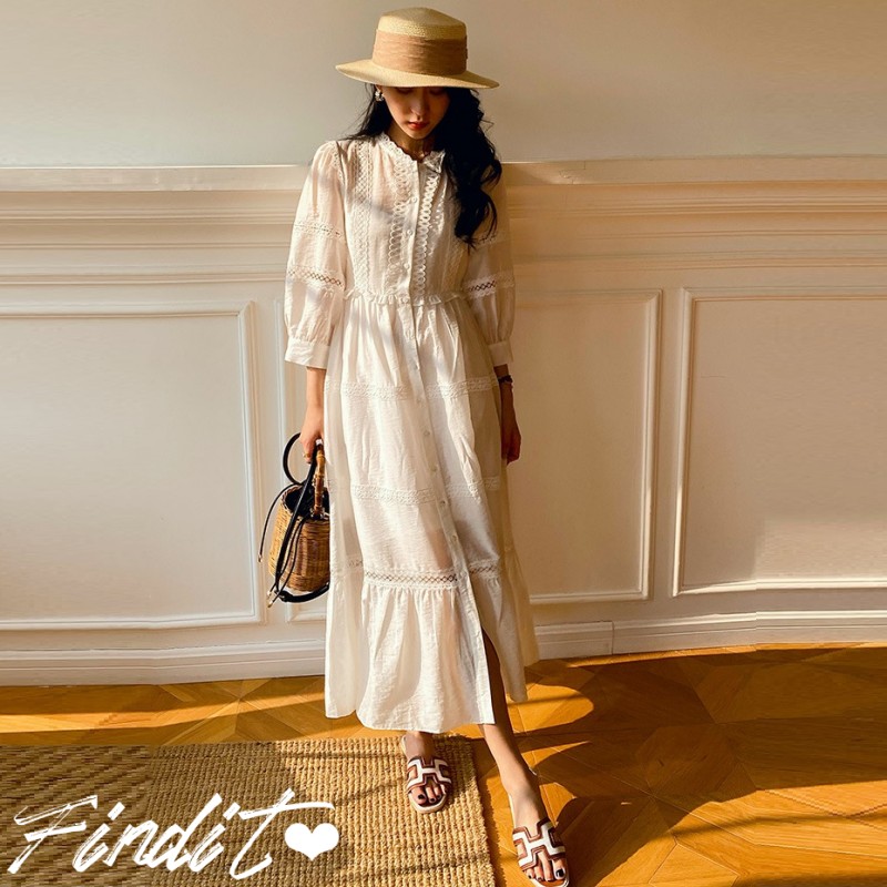 小香风气质天丝蕾丝外贸白色长裙