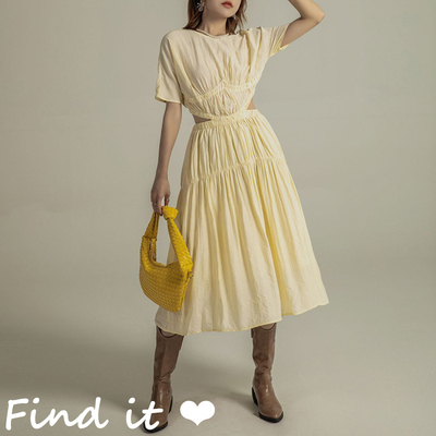 欧美法式温柔风显瘦褶皱连衣裙