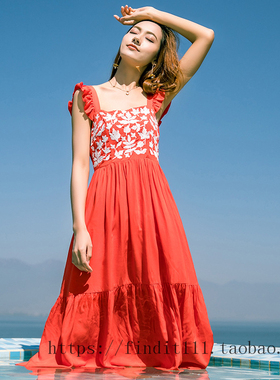 SP定制现货实拍 夏日清爽橙色精致叶子刺绣高腰吊带连衣裙 度假风