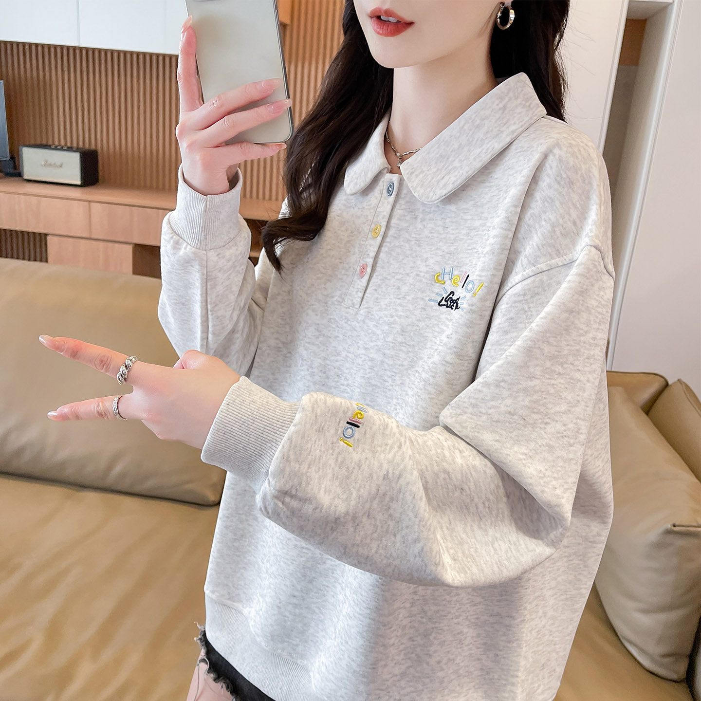 翻领polo衫卫衣女2026新款春秋韩版宽松薄款娃娃领初中生上衣外套