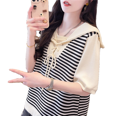 短袖t恤女大码女装条纹polo领