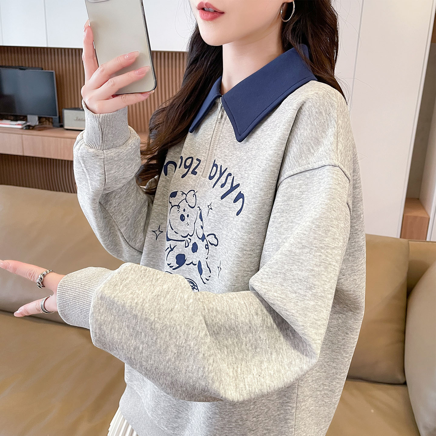 半拉链polo领卫衣女薄款宽松图片