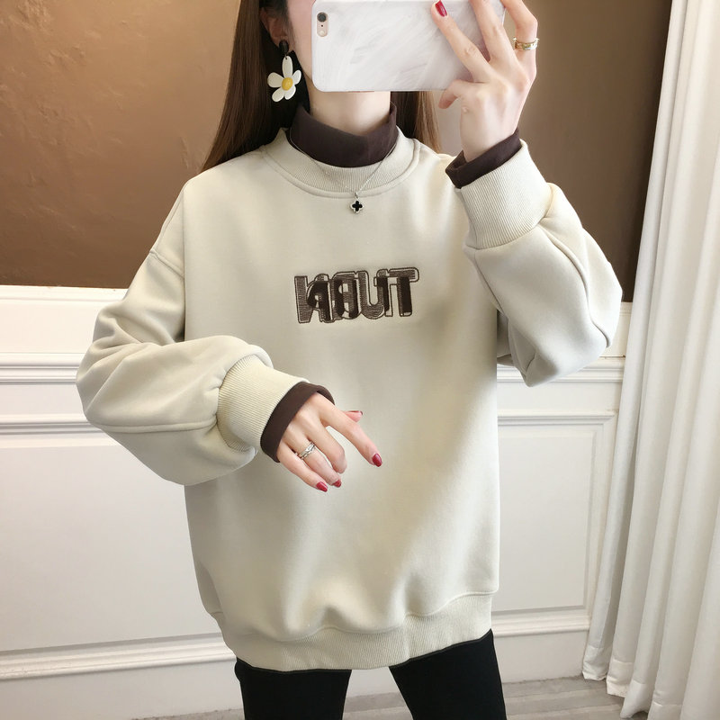 半高领卫衣女秋冬季韩版宽松加绒加厚百搭学生保暖假两件上衣外套
