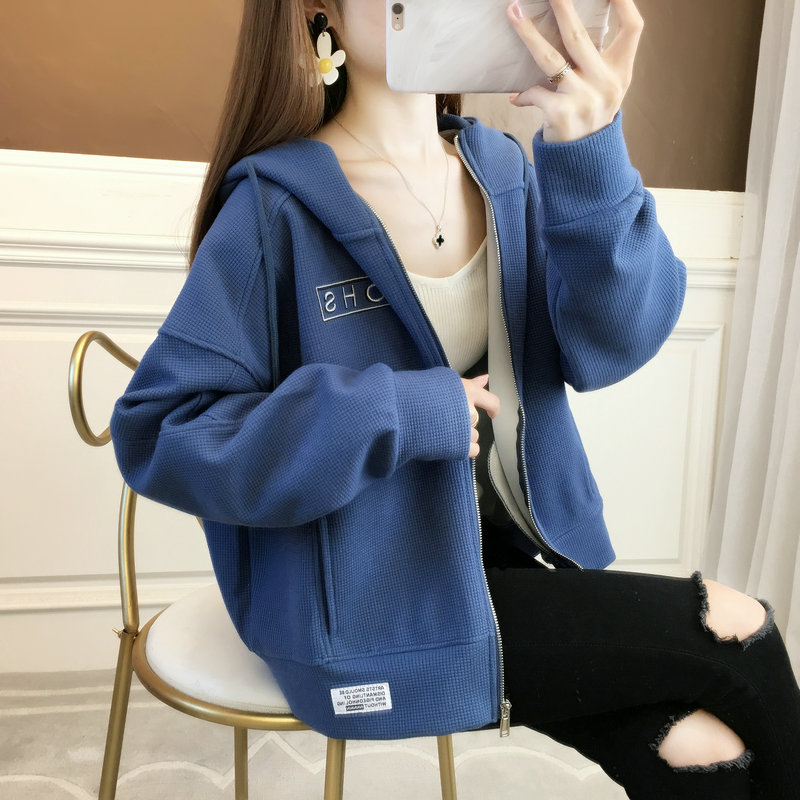 加绒加厚宽松慵懒风华夫格卫衣女