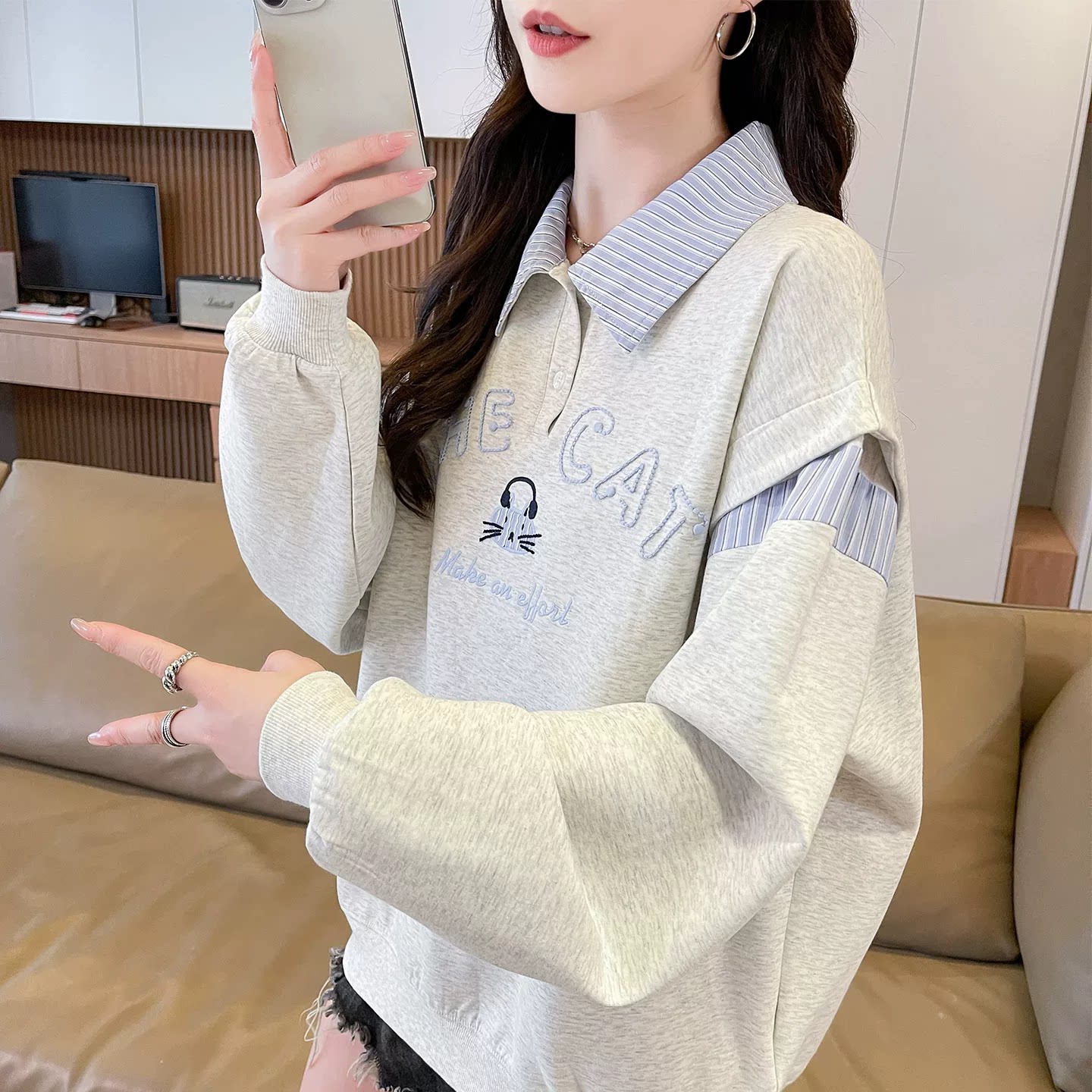 翻领polo衫卫衣女2026新款春秋韩版宽松薄款假两件衬衫领上衣外套