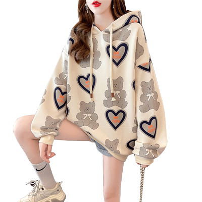 加绒加厚宽松慵懒风华夫格卫衣女