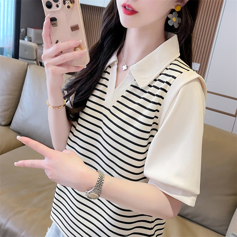 短袖t恤女小个子条纹翻领