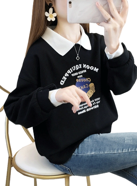 娃娃领polo衫假两件宽松卫衣女