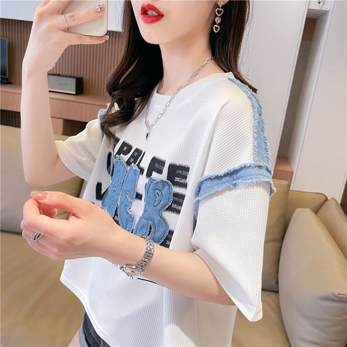 短袖t恤女短款薄款牛仔拼接