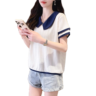 设计感小众娃娃领短袖t恤女夏季韩版宽松短款小个子假两件上衣服