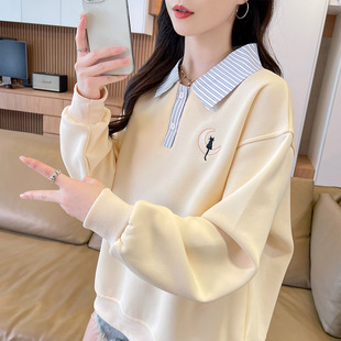 衬衫polo领卫衣女春秋季韩版宽松大码薄款学生百搭假两件上衣外套
