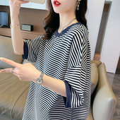 中长款 设计感小众短袖 条纹休闲上衣服 宽松大码 女装 t恤女夏季 韩版