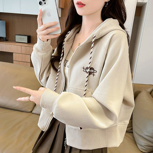 连帽卫衣女2025新款春秋季韩版宽松薄款初中生小个子短款开衫外套