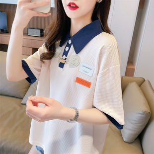 宽松翻领polo衫 设计感小众短袖 韩版 夏季 假两件上衣 t恤女2023新款