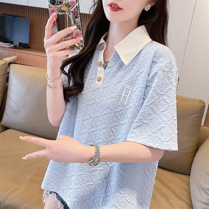 翻领polo衫短袖t恤女夏季韩版宽松大码女装撞色V领百搭假两件上衣