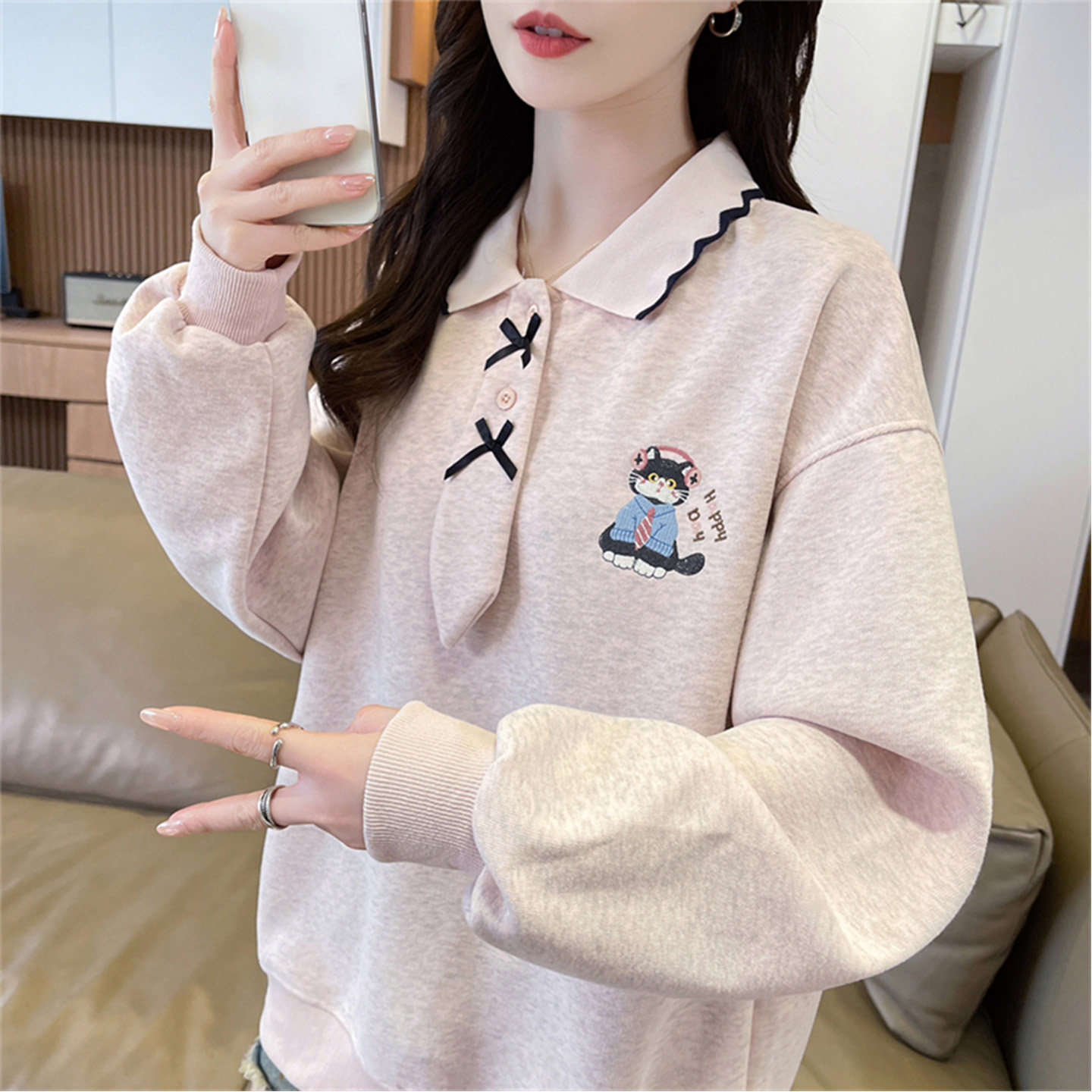 翻领polo衫卫衣女秋冬韩版宽松大码薄款小个子日系初中生上衣外套