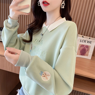 加绒加厚宽松假两件刺绣卫衣女