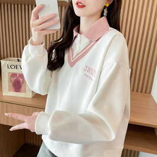 初中生假两件上衣外套 宽松薄款 polo领撞色卫衣女2025新款 春秋韩版