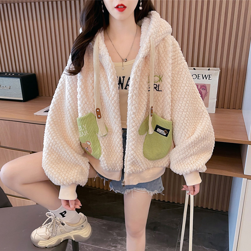 小个子羊羔毛外套女加绒加厚