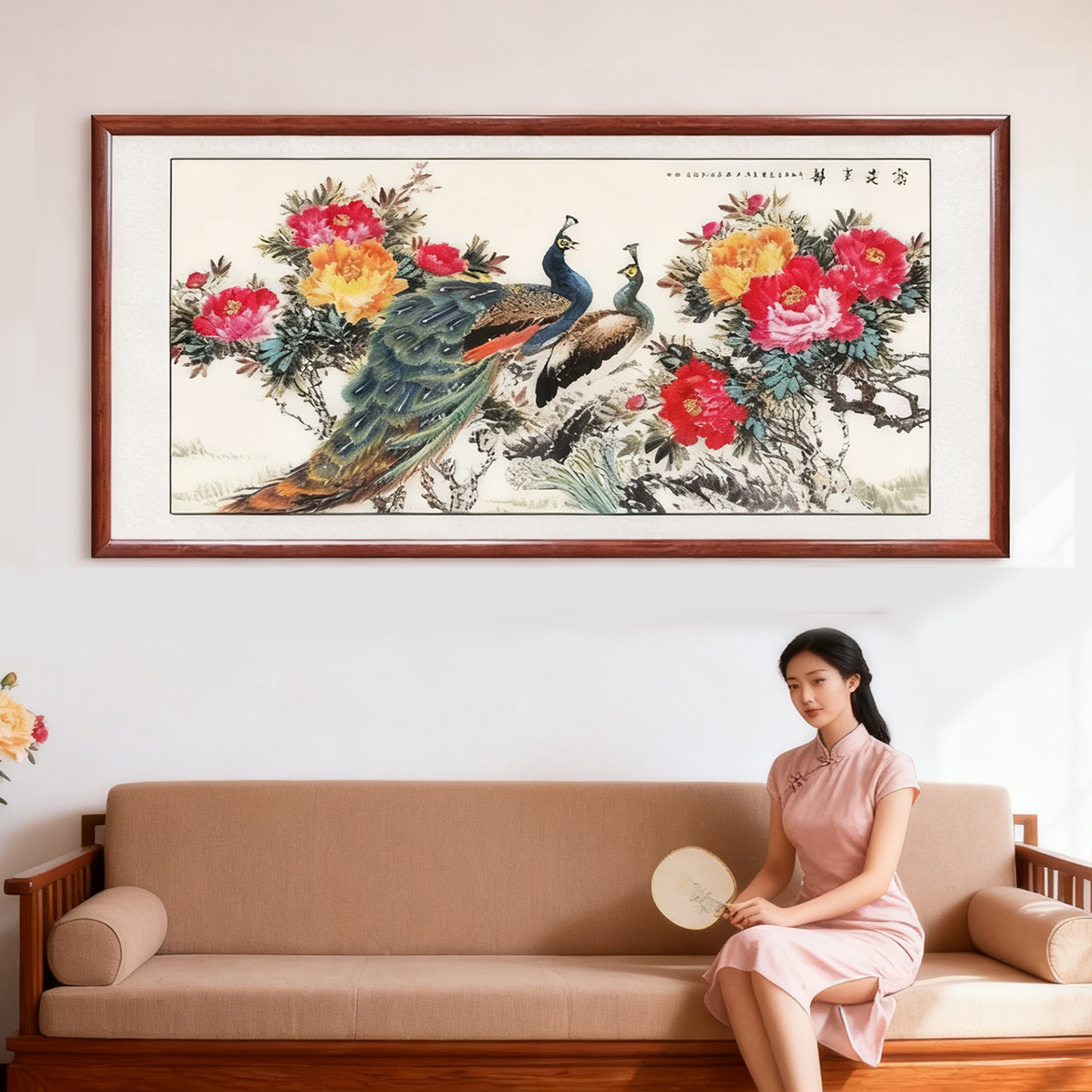 富贵呈祥孔雀牡丹国画客厅沙发装饰画 书房花鸟挂画 带框成品定制