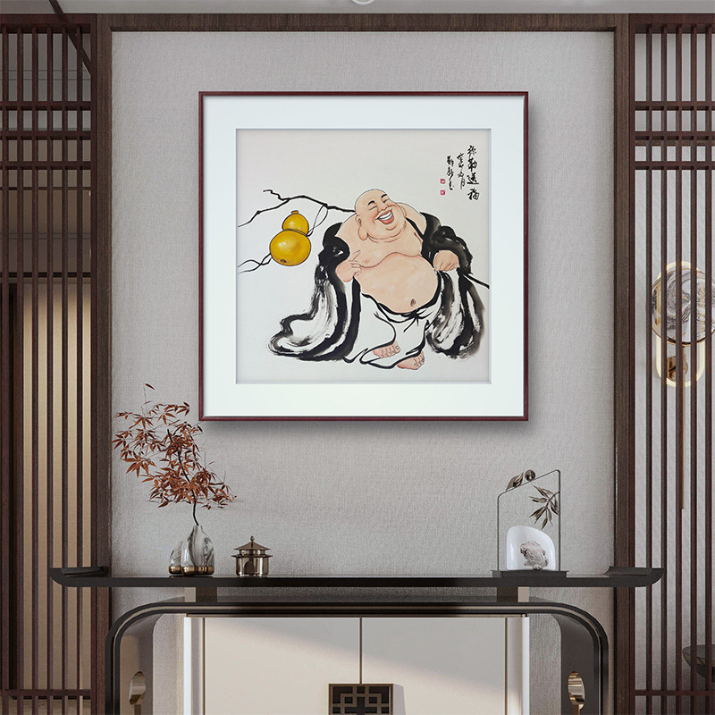 佛弥勒佛画像挂画禅意茶室装饰画入户玄关背景画纯手绘带框
