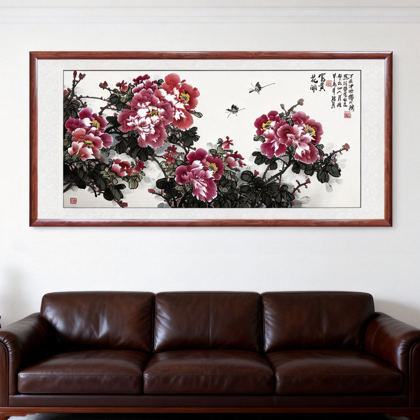 新中式国画牡丹客厅沙发装饰花开富贵书房办公室挂画带框成品定制