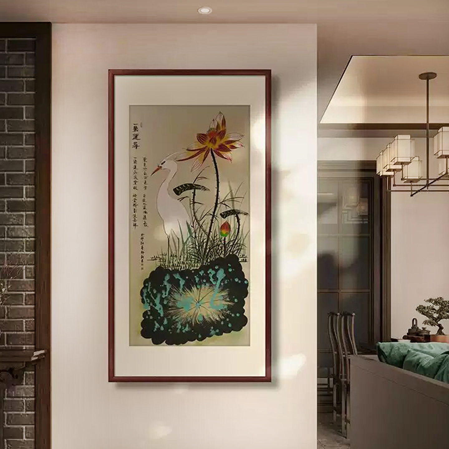 一鹭莲升手绘荷花白鹤玄关画走廊对门装饰画书房领导办公室升迁图片