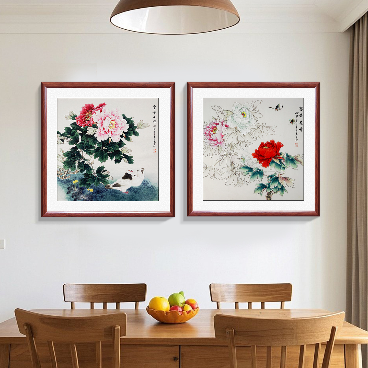 富贵吉祥牡丹手绘国画真迹餐厅装饰画背景墙走廊过道挂画带框成品