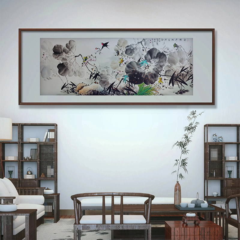 纯手绘荷花水墨画国画新中式客厅装饰画餐厅背景墙面挂画卧室壁画图片