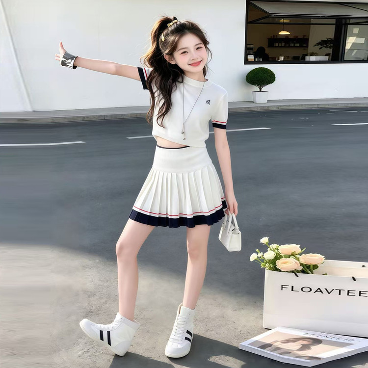 学院风套装修身撞色刺绣短袖针织T恤女夏季穿搭百褶半身裙两件套