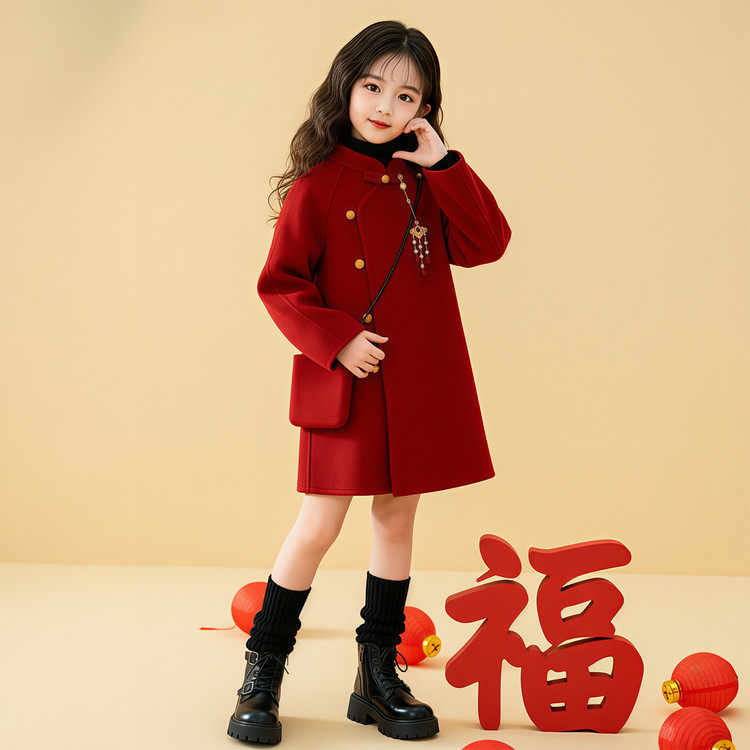 女童新年红色呢子大衣2026新款秋冬洋气中国风毛呢外套儿童拜年服