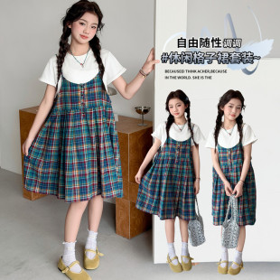 大码胖mm韩系文艺复古格子吊带连衣裙女装叠穿白色T恤阔腿裤套装