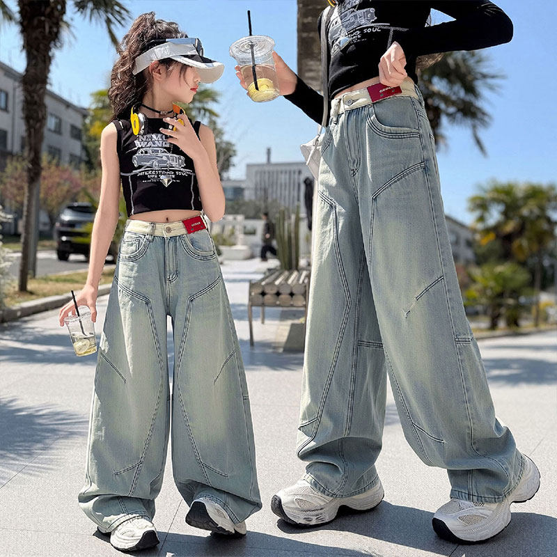 女童牛仔裤夏装2026新款中大童春秋阔腿裤儿童初中生弯刀裤子12岁