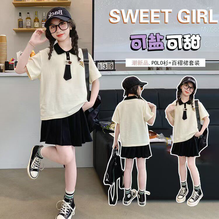 女童学院风短袖裙子套装2026新款POLO衫T恤百褶裙短裙夏装套装