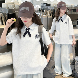 女童韩版学院风翻领短袖2026夏季新款儿童Polo衫牛仔阔腿裤套装