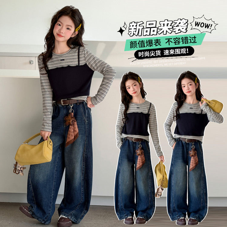 韩系女童打底衫春秋2026新款儿童卡通假两件长袖阔腿牛仔裤两件套