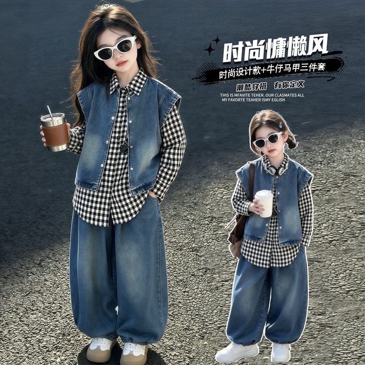 女童时尚牛仔马甲三件套2026春秋新款洋气时髦休闲中大童潮流套装
