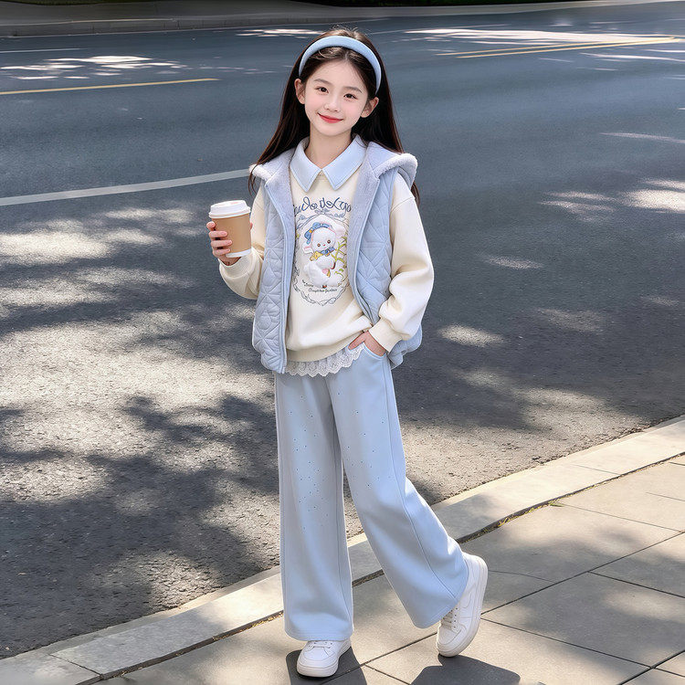 女童加绒连帽马甲套装2026新款今年流行爆款儿童小女孩秋冬一整套