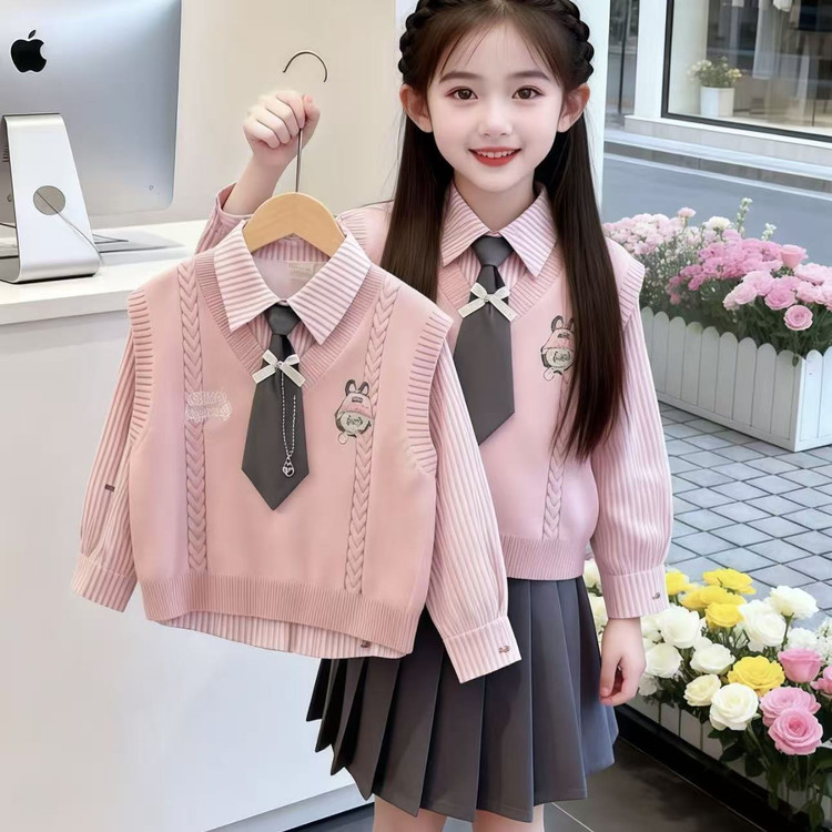 女童学院风套装儿童春秋装韩版薄款洋气女宝贝春季马甲短裙三件套