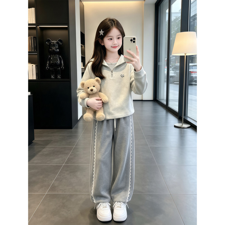 女童春秋款休闲套装2026新款儿童洋气连帽卫衣秋装花边卫裤两件套