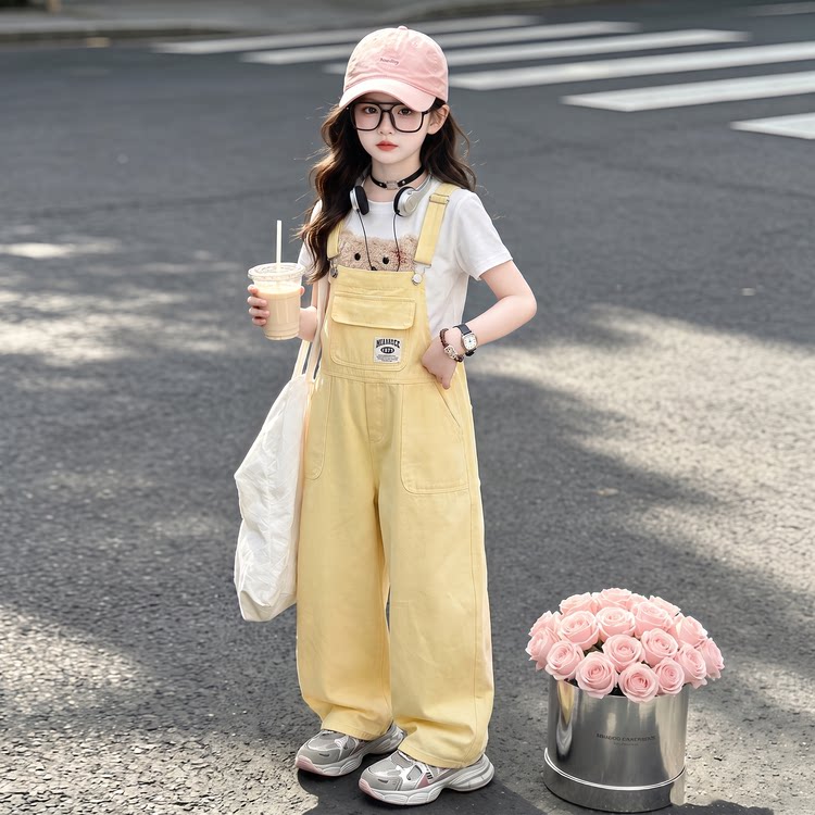 女童套装黄色多巴胺美式儿童背带裤夏季短袖T恤大童初中生两件套